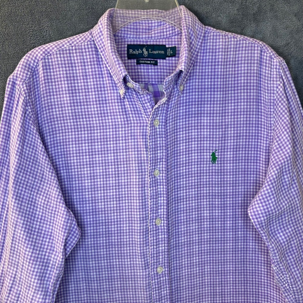 VTG Ralph Lauren Mens L Soft Gauze Custom Fit Lavender Gingham Button Down Shirt